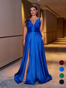 【Plus Size】 Glitter Sequins Ruched Backless Split Thigh Satin Evening Dress, Elegant Deep V Neck Sleeveless Maxi Dress for Party & Banquet, Women's Clothes for All Seasons