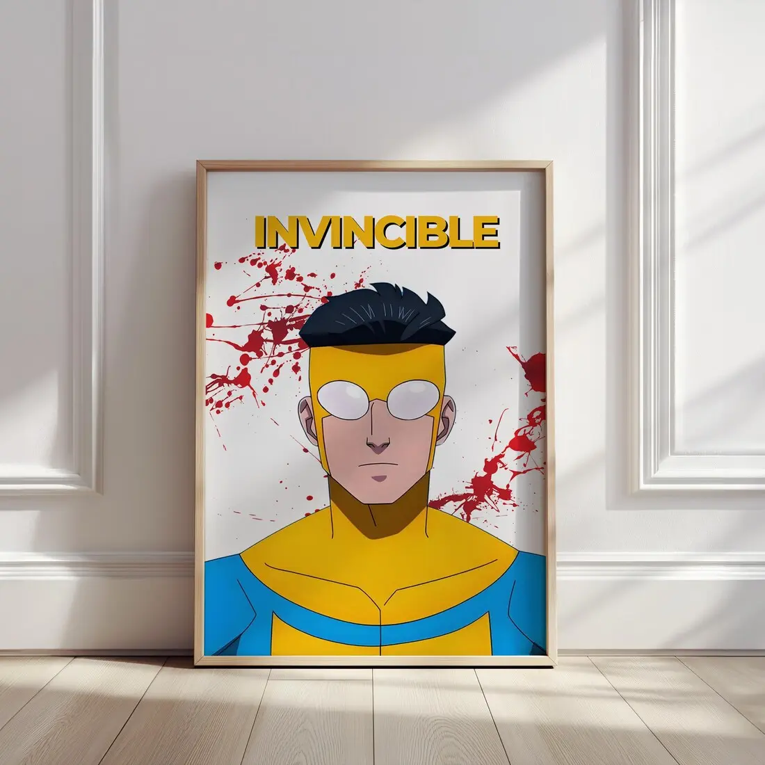 Vintage Invincible Minimalist Bold Anime Art Print – Superhero Blood-Splattered Wall Decor