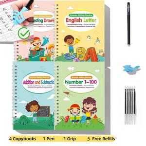 TrueRelief Reusable Grooved Handwriting Workbook for Kids, Learning Materials, 4 Books and Free Gift, Early Elementary, Covers Math, Words, Drawing -Gift for Children Lettering Spiral Notebookschool supplies