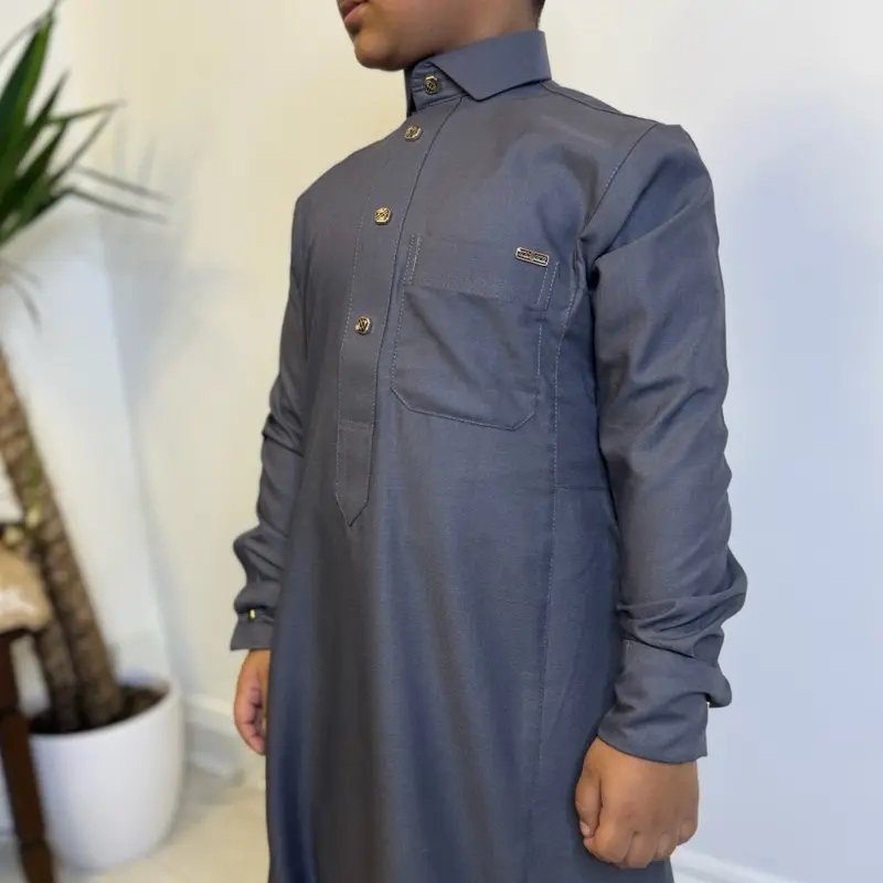 Dark Grey Premium Thobe for Boys - Indulgent Fabric, Breast Pocket & Two Side Pockets with metal buttons