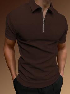 Men's solid color zipper polo with collar, light luxury business casual short-sleeved polo shirt, regular version, comfortable fabric, essential for men's travel and business, men's clothing.