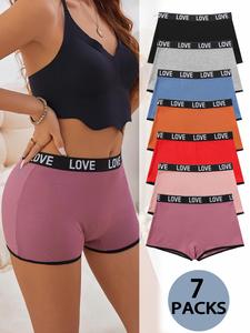 Women's 7pcs Letter Tape Contrast Binding Ribbed Boxer Brief, Soft Comfy Breathable Panty for Daily Wear, Underwear for All Seasons