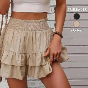Women's Frill Trim Ruffle Hem Shirred Shorts, Boho Casual Shorts for Spring & Summer, Summer Shorts for Women, Back To School, Ladies Elegance Minimalist Shorts, Wide Leg Shorts for Women, Ruffle Shorts, Going Out Bottoms pants