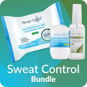 Sweat Control Bundle - Includes NO SWEAT Spray, Sweat Wipes & Roll-On Deodorant. Perspi-Guard Maximum Strength Antiperspirant 50ml Spray, Antiperspirant & Deodorant Wipes & 48hr Roll On Body Care Aloe Daily Fragrance