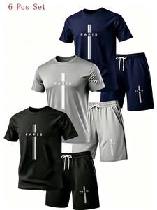 6-Piece Men's Casual Sportswear Set, Short Sleeve T-Shirts & Shorts, Breathable Gym Set, Polyester, Paris Print, Ideal for Running & Fitness