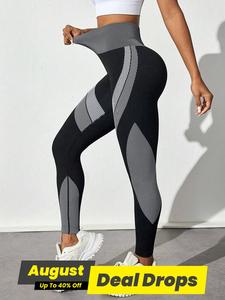 Women's Colorblock Stripe Pattern High Waist Sports Leggings, High Stretch Casual Comfy Breathable Seamless Skinny Pants for Yoga Gym Workout Running, Ladies Sportswear for All Seasons, Legging Fitness, Athletic Bottoms