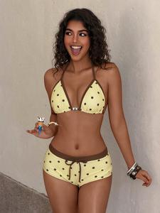 Women's Swimsuit bikini,retro yellow polkat  Print vintage colour block swimsuit pants summer sets for/Going Out Outfits/Birthday Outfit/Casual/Y2k/2000s/Y2k Clothes /Classy/Old Money/Streetwear/Vacation Outfits/girls beachwear
