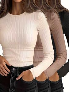 Women's Casual Slim-Fit Long Sleeve T-Shirts, 3-Pack Plain Ribbed Round Neck Tops, Medium Stretch, Perfect for Spring & Fall, Womenswear