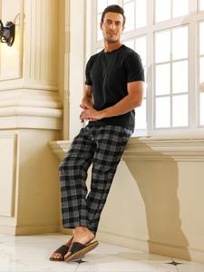 Men's Pocket Plaid Print Knit Pyjama Two-piece Set, Regular Fit Fitted Short Sleeve T-shirt & Elastic Waist Trousers, Men's Sleepwear Set for All Seasons Pajamas Pjs