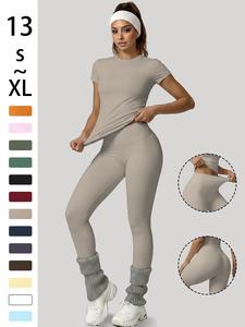 2-piece set - athleisure wear set - Solid color round-neck T-shirt short sleeves + Women's high-waisted slim-fit athletic pants for a tight and curvaceous silhouette. A comfortable outfit suitable for daily home wear.