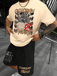 Two-Piece Set Men's Cartoon Graphic Print Tee & Drawstring Waist Shorts, Regular Fit Casual Round Neck Short Sleeve T-shirt & Pocket Shorts, Summer Clothes Set for Men