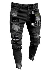 Men's Patched Ripped Skinny Jeans, Casual Comfy Pocket Zipper Design Denim Pants for Daily Wear, Work Trousers Men, Fashion Men's Bottoms for All Seasons, Graphic Jeans for Men, Cotton, Menswear, Streetwear, Slim Distressed Hem Skinny Jeans