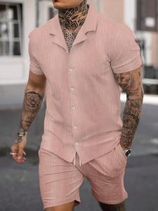 Two-Piece Set LGBTQ+ 2 Pieces Men's Button Front Drawstring Waist Two-Piece Set, Regular Fit Casual Short Sleeve Top & Pocket Shorts, Men's Two-piece Outfits for Daily Wear