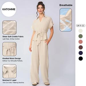 Katch Me Look Women's Versatile Collared Rolled-Up Short Sleeve Top & Wide Leg Trousers Co-ord, Holiday Outfits for Spring & Summer, Comfortable Womenswear