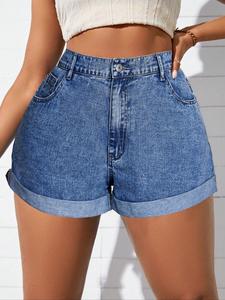 【Plus Size】 Embroidered Pocket Denim Shorts, Casual Fashion Shorts for Daily Wear, Women's Bottoms for Summer, Womenswear, Jean Shorts