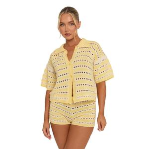 Clover Womenswear Rebellious Fashion Yellow Crochet Cropped Shirt and Short Co-ord Set