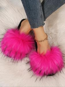 Women's Fashionable Solid Color Faux Fur Slippers, Casual Soft Comfortable Home Slippers for Fall & Winter, Fluffy House Shoes for Indoor & Outdoor, Valentine's Day, Gift
