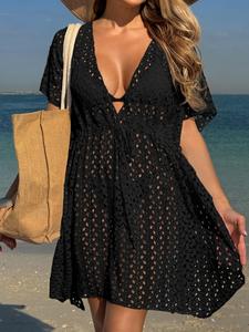 Women's Solid Color Hollow Out Cover Up Dress, Casual Cute Deep V Neck Cover Up Dress for Beach Holiday Vacation, Ladies Clothes for All Seasons, Swimsuit Cover Up, Summer Swimming Cover, Swim Cover Ups, Beach Outdoor Wear, Swimwear Cover Up