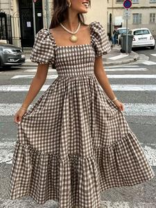 Elegant Plaid Ruffled Hem Casual Dress for Women, Perfect for Leisure, Dates, Vacations, Coffee Color