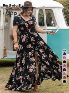 Plus Floral Print Button Front Ruffle Hem Shirred Split A Line Dress, Comfort Summer Clothes for Lady, Plus Size Clothes, Boho V Neck Short Sleeve Dress for Beach Vacation Wedding Guest, Women's Clothes for Spring & Summer, Bohemian Dresses for Lady