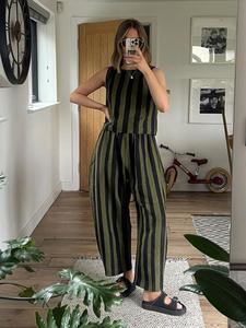 2 Piece Stripe Tank Top and Wide Leg Pants Set, Women's Summer Casual Stripe Printed, Stylish and Comfortable Fashion