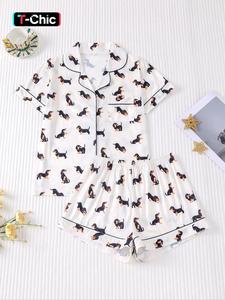 Women's Dachshund Print Shirt & Elastic Waist Shorts Pajama Two-piece Set, Casual Comfy Short Sleeve Top & Shorts Loungewear Set, Ladies Sleepwear for Summer, Womenswear