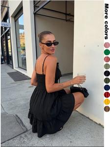 10 Colors，Elegant Women's Solid Color Halter Dress, Ruffled Hem, Sleeveless Strap Short Skirt, Back Elastic Tie, Perfect for Vacation, Party, Date, Womenswear