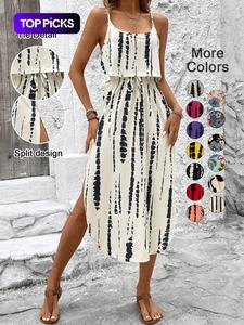 Women's All Over Print Tie Front Split Thigh Cami Dress, Casual Sleeveless Spaghetti Strap Long Dress for Summer, Ladies Clothes for Beach Holiday