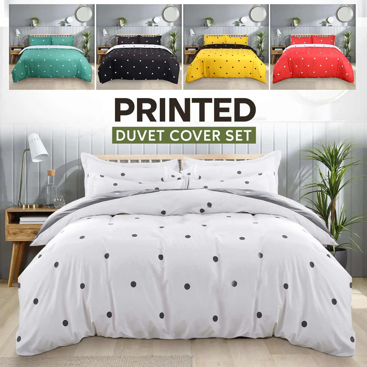 Imperial Rooms Reversible Printed Duvet Cover Polka Dot , Set 3 Pcs  in White & Grey , Black & White Dotted ,Black & Yellow Dotted,  Green & White Dotted, Red & White Dotted  Microfiber Printed Duvet Cover with Pillow Covers , Leaf Design Duvet Cover
