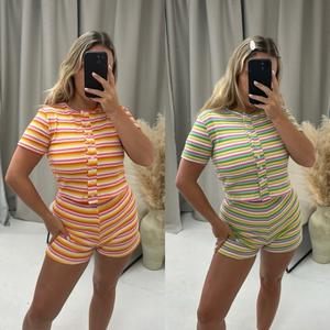 SUNSET Button Two Piece Holiday Summer Stripe Shorts & Top T Shirt Co Ord Matching Set