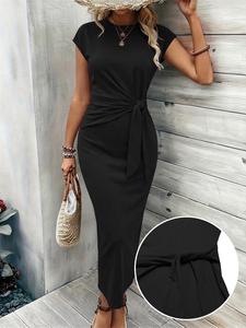 Women's Short Sleeve Waist Cinching Bodycon Dress, Elegant Commuter Style, Slim Fit Midi Skirt, Fashion Versatile Dress for Daily Wear, Casual Wear