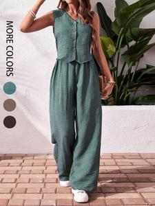 Women's Solid Color Tank Top & Wide Leg Pants Two-piece Set, Casual Sleeveless V Neck Top & Pants for Daily Wear, Ladies Two-piece Outfits for Summer, Womenswear