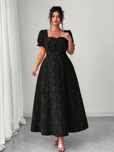 Plus Size Embroidered Square Neck Bubble Sleeve Belted A-Line Long Dress, Vintage Court Style, Elegant Women's Clothing, Womenswear