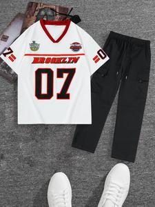 Men's Letter & Figure Print Short Sleeve Tee & Pants Set, Casual Round Neck T-shirt & Trousers, Men's Summer Clothes