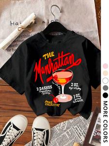 Women's Manhattan Cocktail Print Round Neck Tee, Fashion Casual Short Sleeve T-shirt for Daily Wear, Ladies Summer Clothes, Top