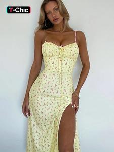 Women's Ditsy Floral Print Split Thigh Cami Dress, Boho Ruched Spaghetti Strap Midi Dress for Beach Holiday Vacation, Ladies Summer Clothes