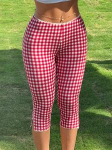 Fashion Plaid Pattern Lace Trim Three-Quarter Tight Pants, Stylish Women's Casual Wear, Comfortable and Trendy Bottoms, Lady