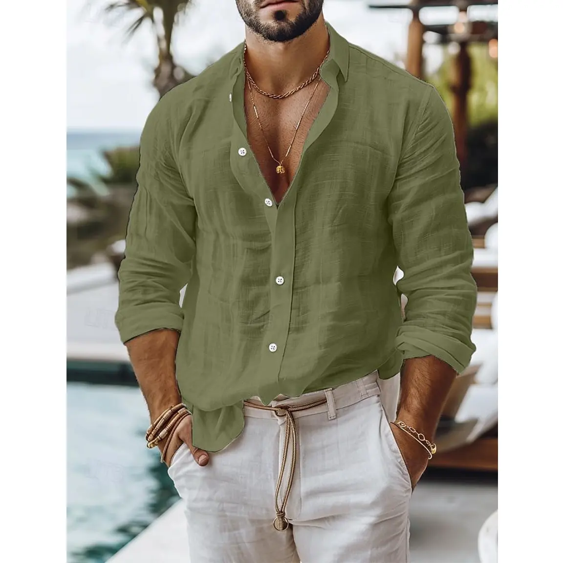 Men's cotton Linen Shirt Button Up  Summer Shirt Beach Shirt   Long Sleeve Plain Lapel Spring & Summer Casual Daily Clothing Menswear Top Gamis Beige Black