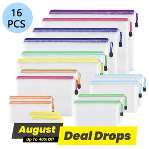 Transparent Mesh Zipper File Bag, 16pcs/set Waterproof Mesh Zipper File Bag, Multi-size File Bag, Pouch Organizer, Office Supplies