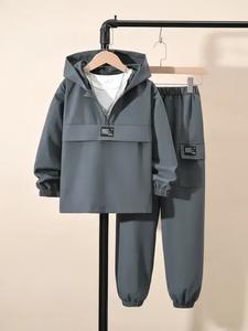 Two-piece Set Boy's Solid Zip Up Hoodie & Pocket Sweatpants Set, Casual Comfort and Functionality Long Sleeve Hooded Sweatshirt & Jogger Pants, Kids Spring & Fall Clothes