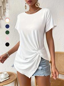 Women's Plain Asymmetrical Hem Tee Top, Fashion and Trends Casual Short Sleeve Round Neck Fitted T-shirt for Summer, Ladies Clothes for Daily Wear, Everyday, Womenswear