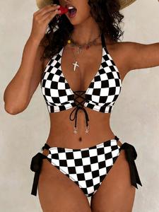 New Plaid Print High-End Women's Bikini Set, Fashionable Sexy Tie Adjustable Front Drawstring Design, Beach Swimwear