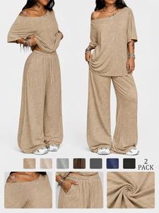 Women's Casual Solid Color Sport Two-Piece Set, Loose Long Pants & Wide Leg Slant Neck Pant Suit, Spring & Fall Fashion