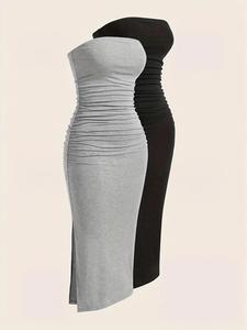 Women's Plain Ruched Split-Hem Knitting Strapless Bodycon Tube Dress, Bandeau Dress for Daily Outdoor Wear, Dresses for Women, Casual Boho Soft Wear