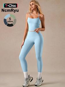 2 counts women's sports vest pants neck hanging cross suspender detachable chest cushion high elasticity abdominal tightening hip lifting quick drying yoga suit gym training running cycling golf tennis suit indoor and outdoor women's sports suit