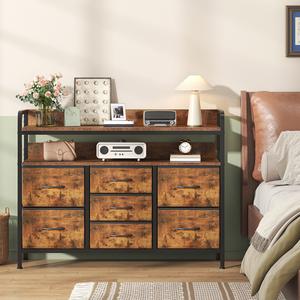 Chest of Drawers, Dresser for Bedroom with 7 Fabric Drawers, Tall Storage Organizer Unit with 2 Layers Shelf, TV Stand with Sturdy Metal Frame