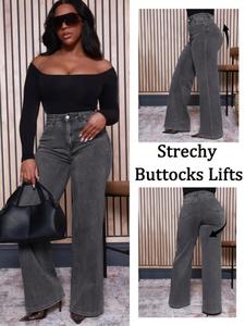 Plus Size Women's Elastic Washed Casual Fashion Loose Fit Plain Wide Leg Jeans Pants, All Seasons, Fall Winter New Arrival