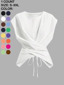 Women's Elegant Solid Color Criss-Cross Tie Neck T-Shirt, Casual Chic Sleeveless Loose Fit Casual Top for All Seasons, Stylish Daily Wear