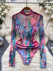 Women's Tie Dye Print Long Sleeve Bodysuit, Casual High Neck Bodysuit, Ladies Longsleeves Clothes for Spring & Fall, Womenswear