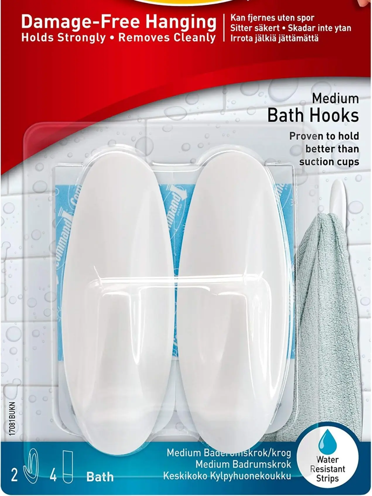 Bath Designer Hooks, White, Water Resistant - 2 Medium Hooks and 4 Adhesive strips - Hang Towels, Robes and other Bathroom Accessories - Ideal to avoid Drilling through Tiles